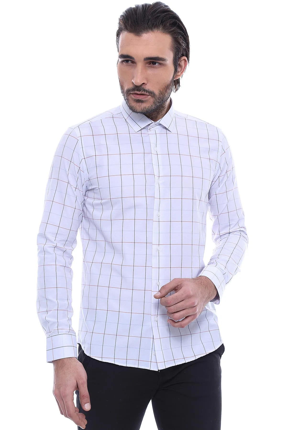 White Slim Fit Plaid Men's Shirt | Wessi sold by Wessi