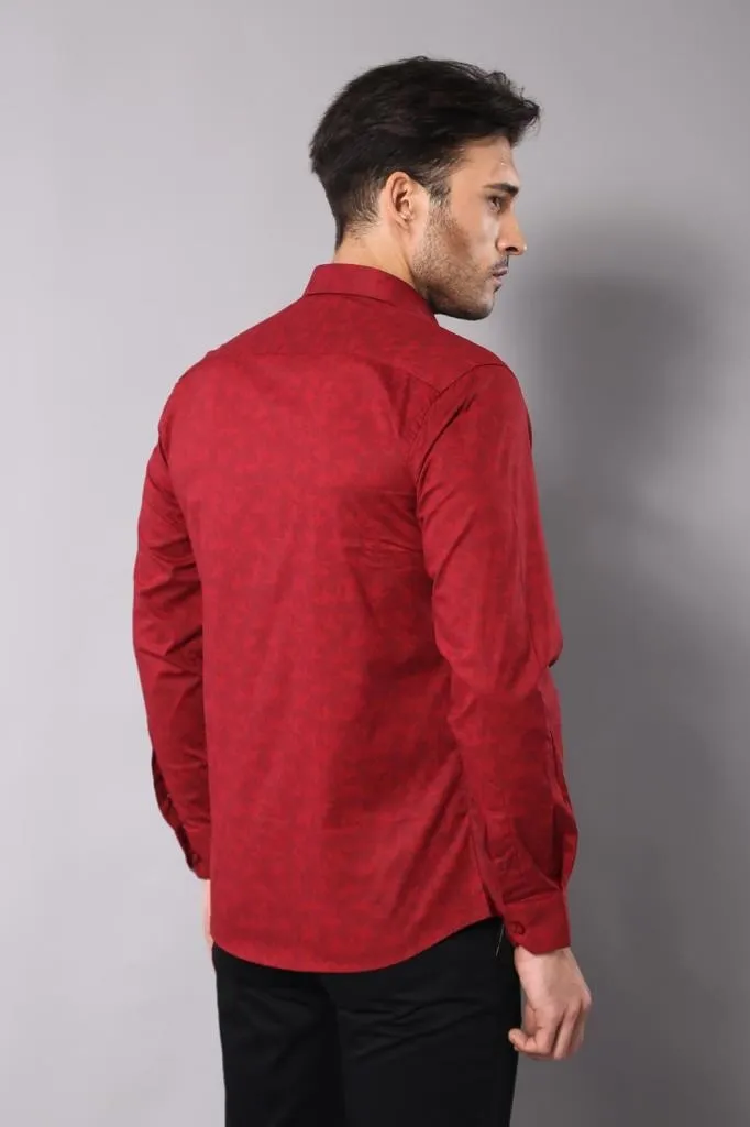 Burgundy Slimfit Shirt with Self Flower Pattern - Wessi sold by Wessi product image thumbnail 3