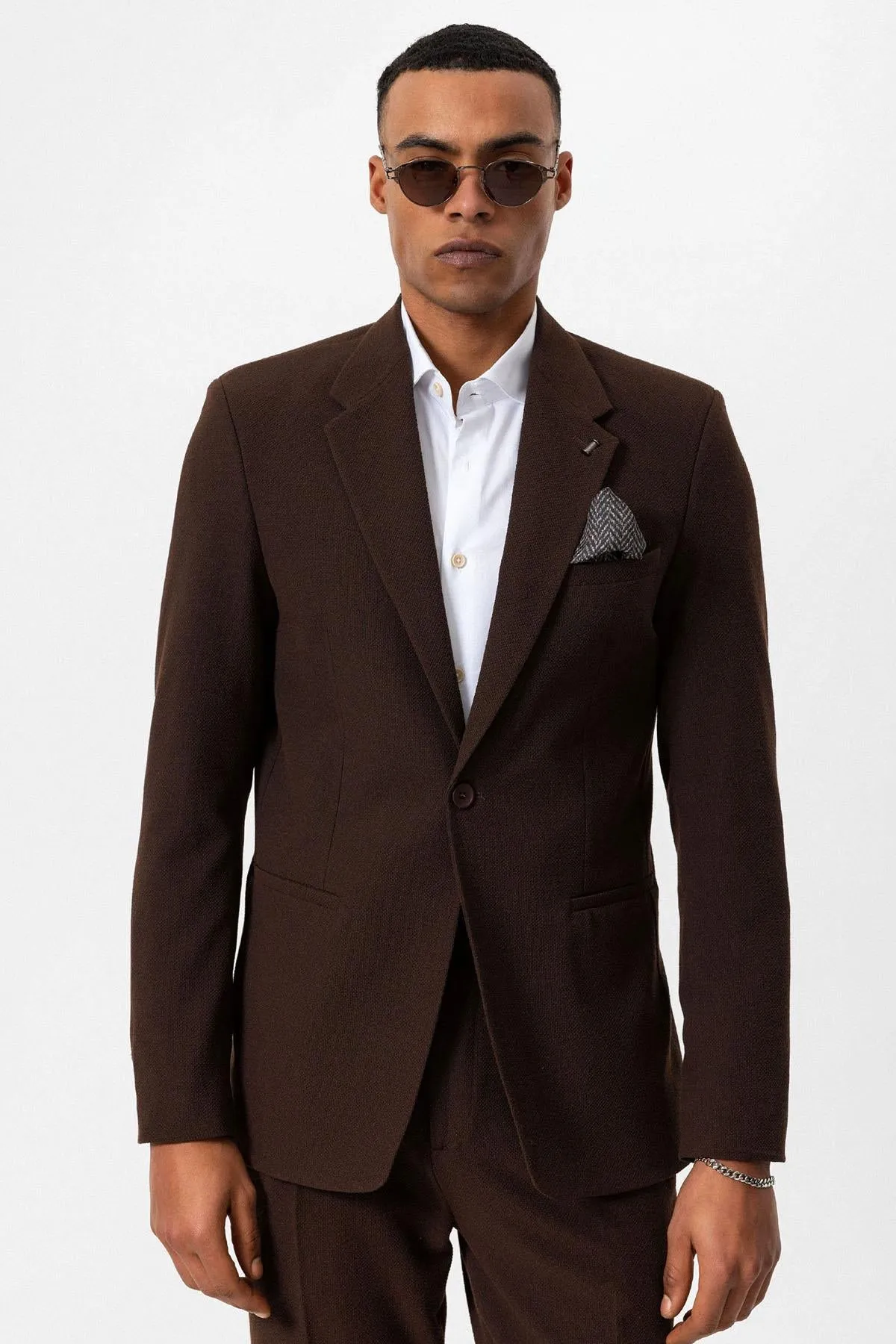 Men's Brown Plain Single-Button Blazer - Wessi sold by Wessi