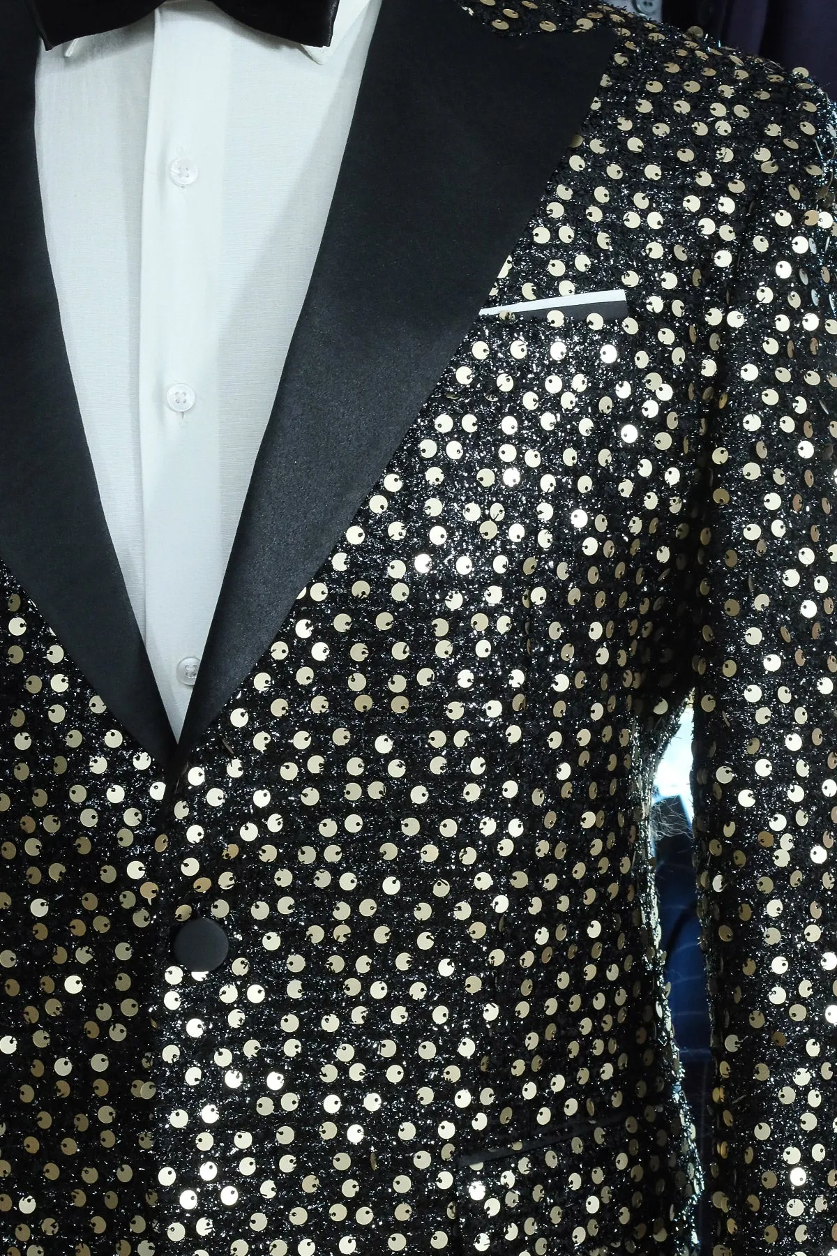 Golden Sequin Peak Lapel Tuxedo Jacket with Black Pants - Groom Party Look sold by Wessi product image thumbnail 2