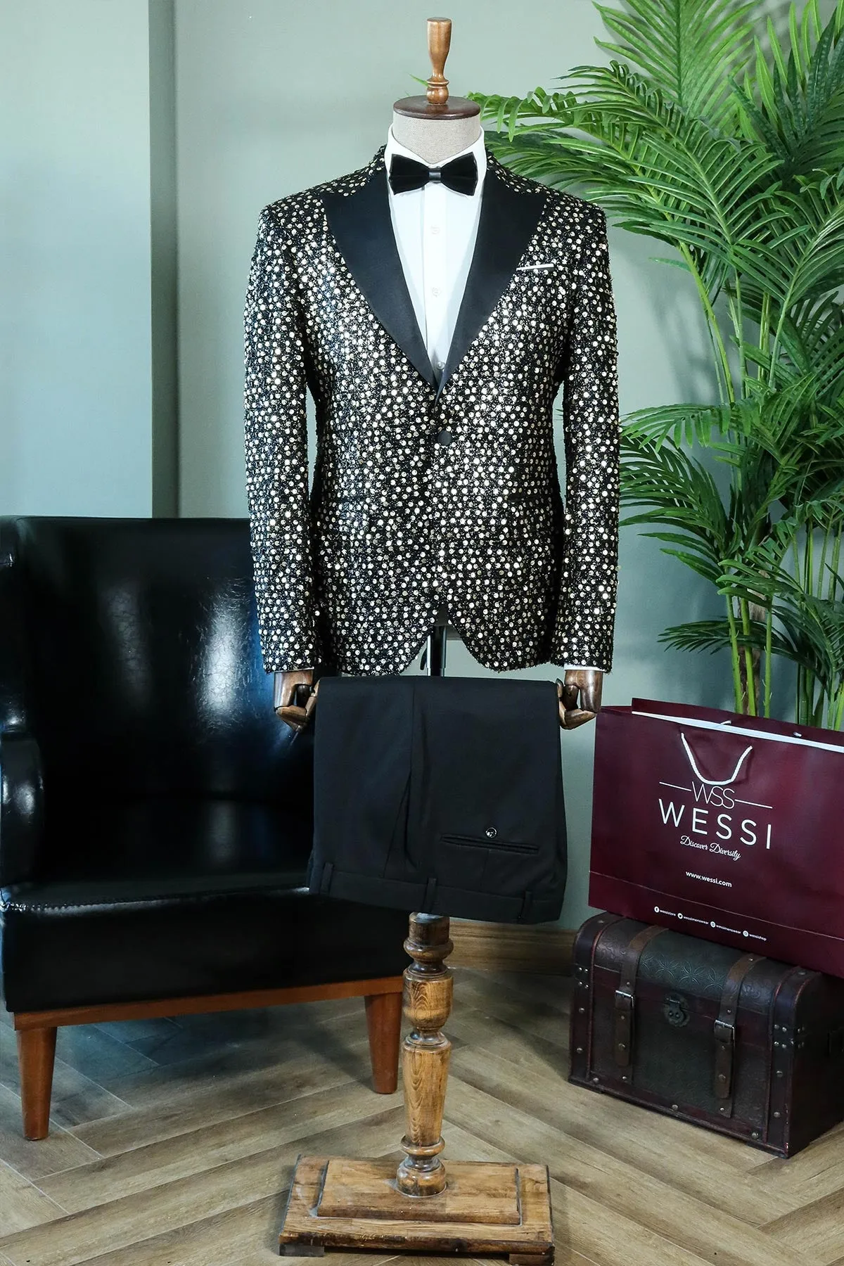 Golden Sequin Peak Lapel Tuxedo Jacket with Black Pants - Groom Party Look sold by Wessi