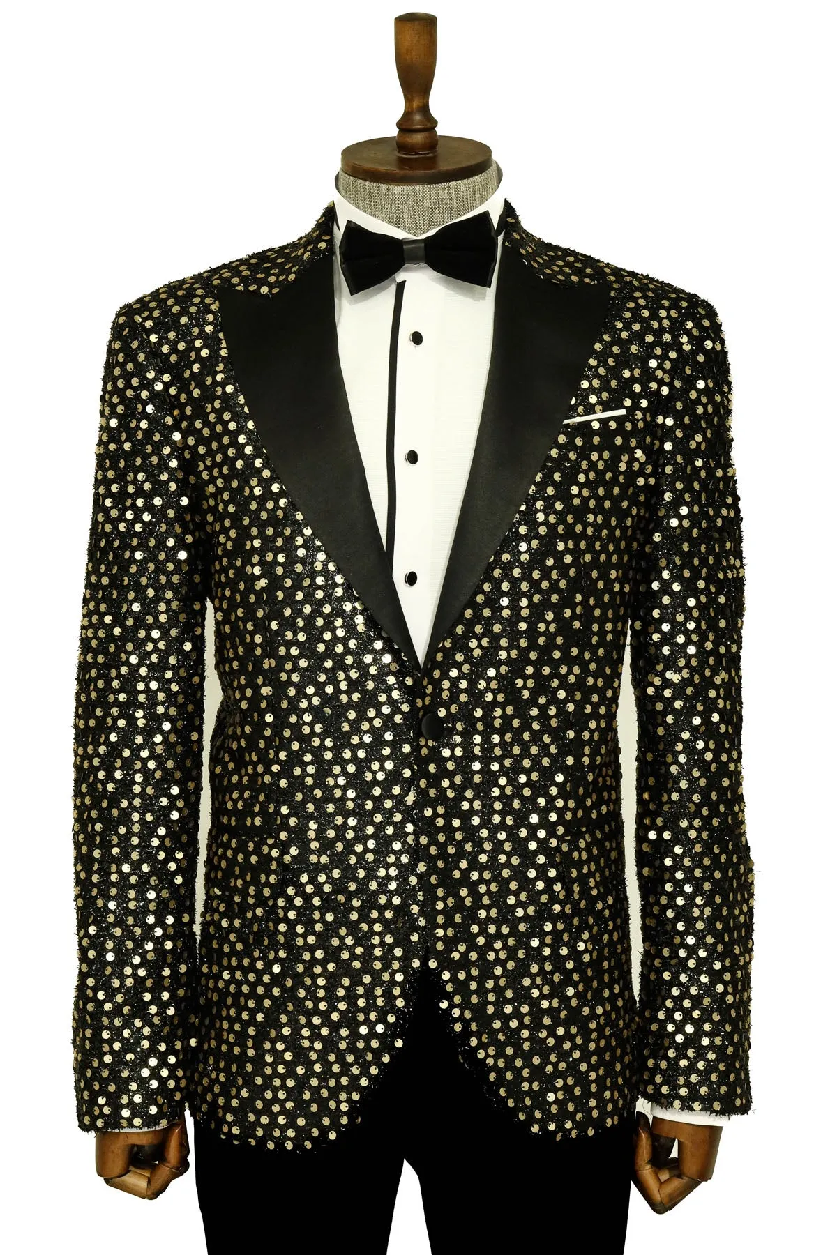 Golden Sequin Peak Lapel Tuxedo Jacket with Black Pants - Groom Party Look sold by Wessi product image thumbnail 3