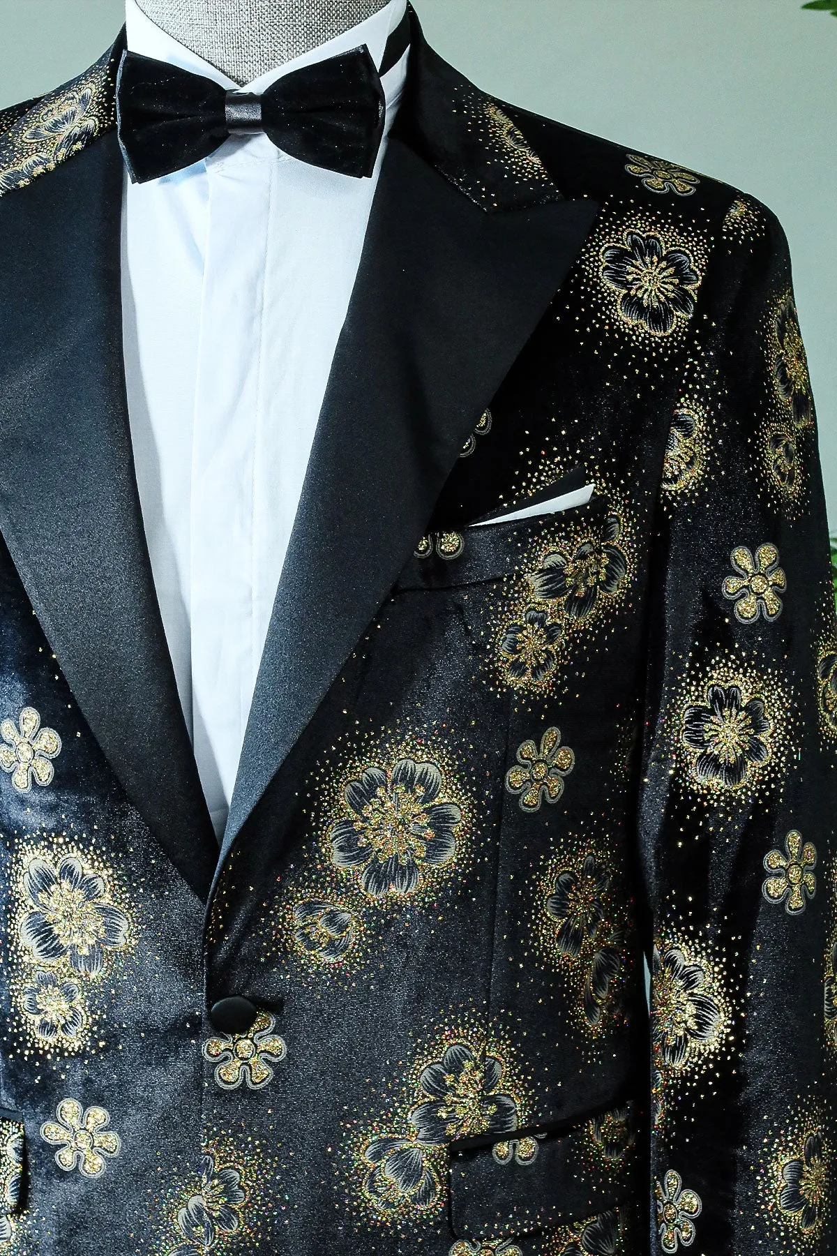 Golden Floral Pattern Shawl Lapel Tuxedo Jacket with Black Pants - Luxe Evening Look sold by Wessi product image thumbnail 2