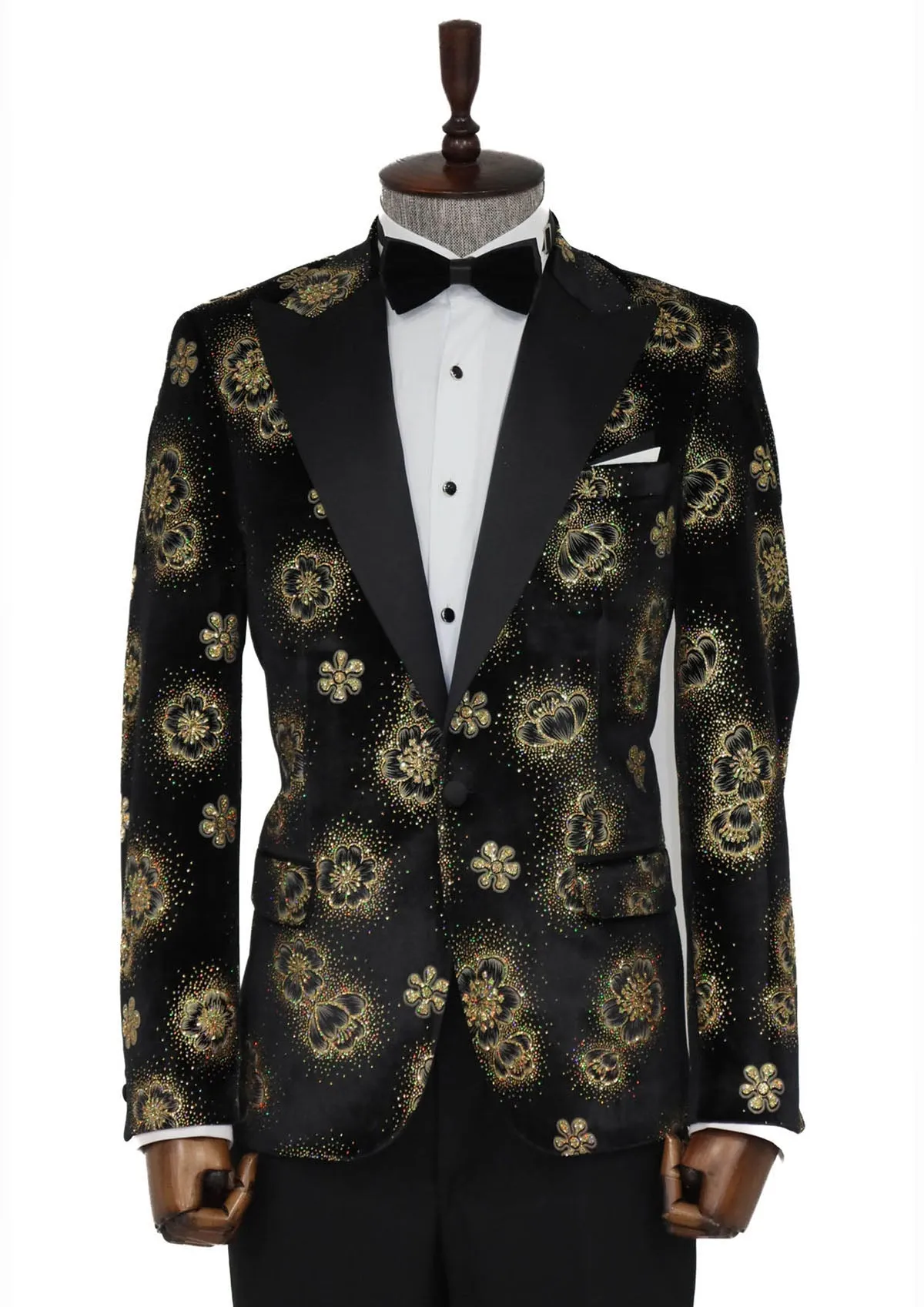 Golden Floral Pattern Shawl Lapel Tuxedo Jacket with Black Pants - Luxe Evening Look sold by Wessi product image thumbnail 3