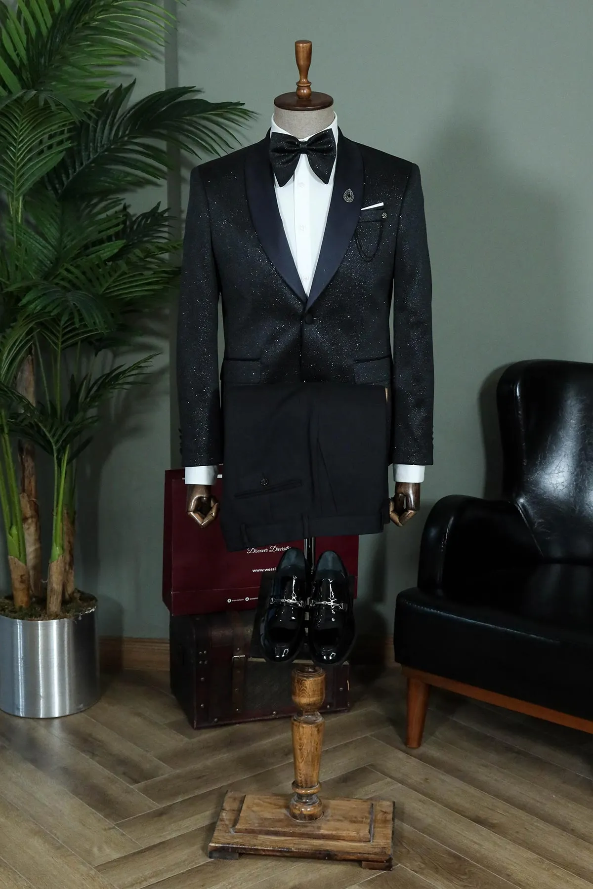 Black Glittery Shawl Lapel Tuxedo with Matching Pants & Accessories - Formal Evening Look sold by Wessi