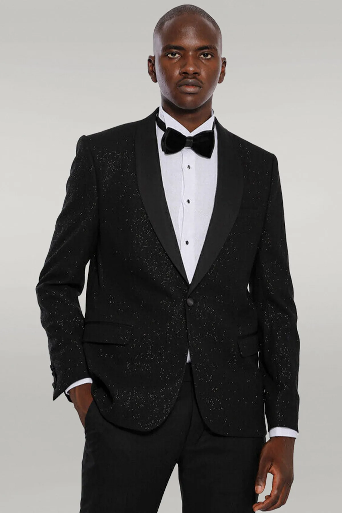 Black Glittery Shawl Lapel Tuxedo with Matching Pants & Accessories - Formal Evening Look sold by Wessi product image thumbnail 3