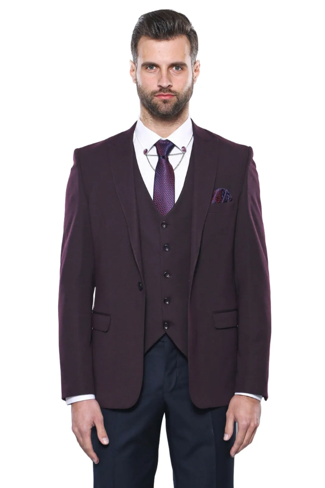 Burgundy Slim Fit Suit, White Shirt, and Navy Blue Tie Modern Classic Look - Wessi sold by Wessi product image thumbnail 3