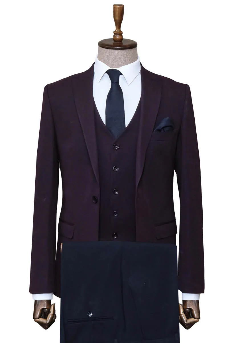 Burgundy Slim Fit Suit, White Shirt, and Navy Blue Tie Modern Classic Look - Wessi sold by Wessi product image thumbnail 2