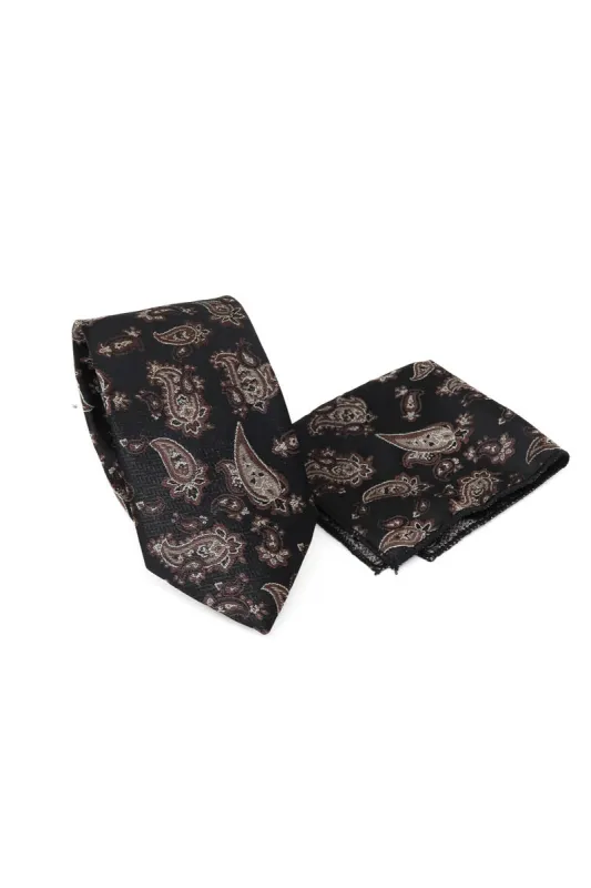 Black Paisley Pattern Tie and Handkerchief Set - Wessi sold by Wessi