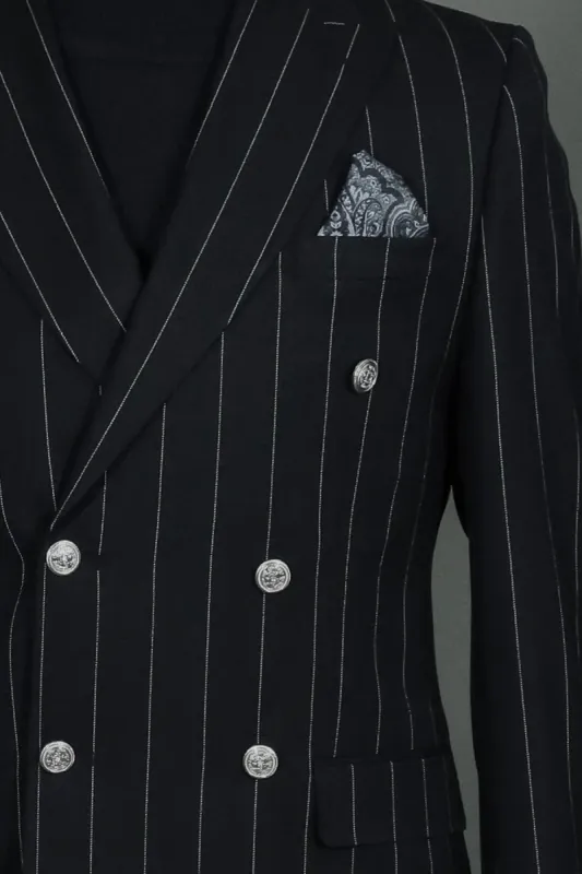 Pinstripe Double-Breasted  Men Black  Suit  - Wessi sold by Wessi