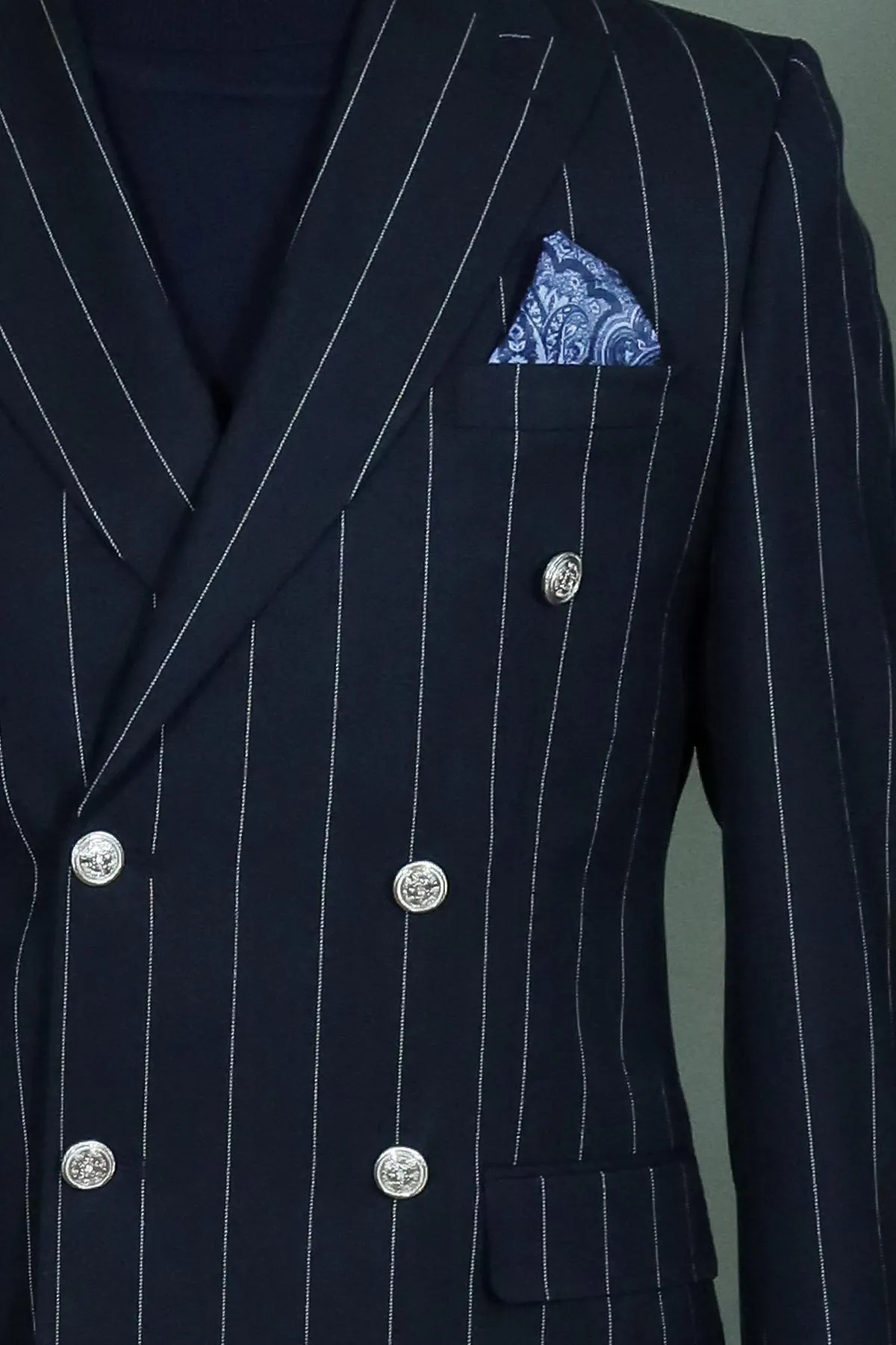 Pinstripe Double-Breasted Men Navy Blue Suit - Wessi sold by Wessi product image thumbnail 2