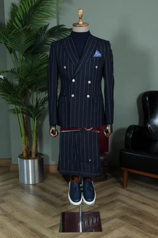 Pinstripe Double-Breasted  Men Navy Blue Suit  - Wessi made by Wessi