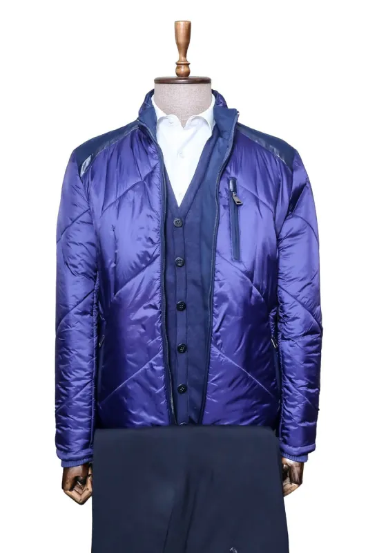 Navy Blue Quilted Jacket, Navy Trousers, and Knit Cardigan Ensemble - Modern Winter Style - Wessi sold by Wessi