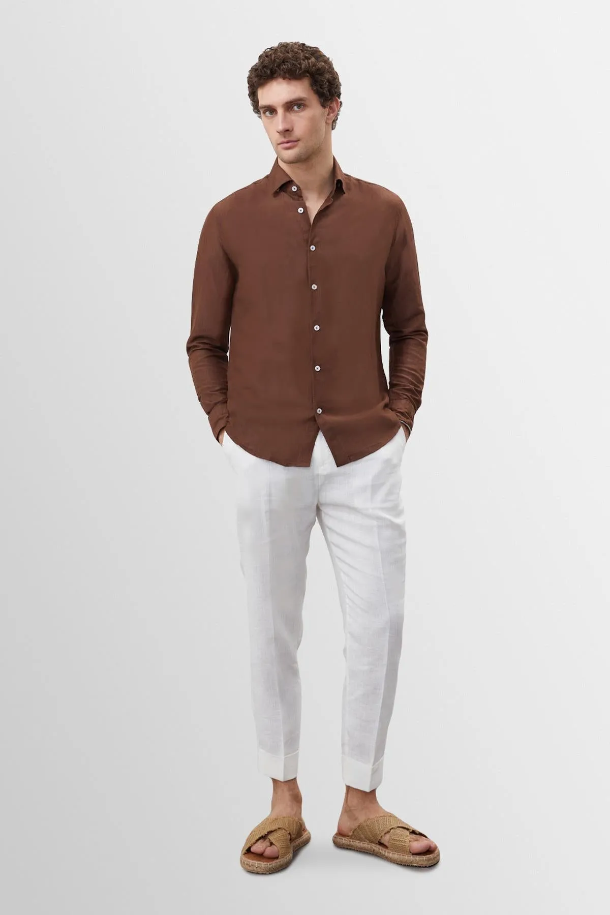 Men's Brown Collar Button Detailed 100% Linen Shirt - Wessi sold by Wessi product image thumbnail 4