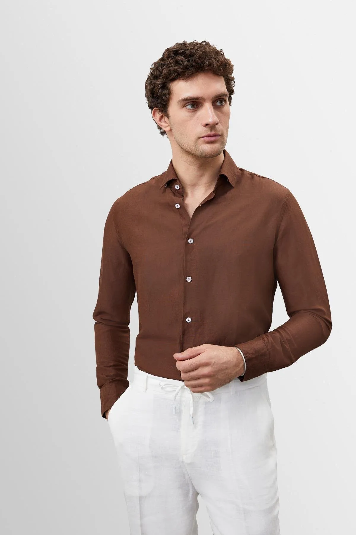 Men's Brown Collar Button Detailed 100% Linen Shirt - Wessi sold by Wessi