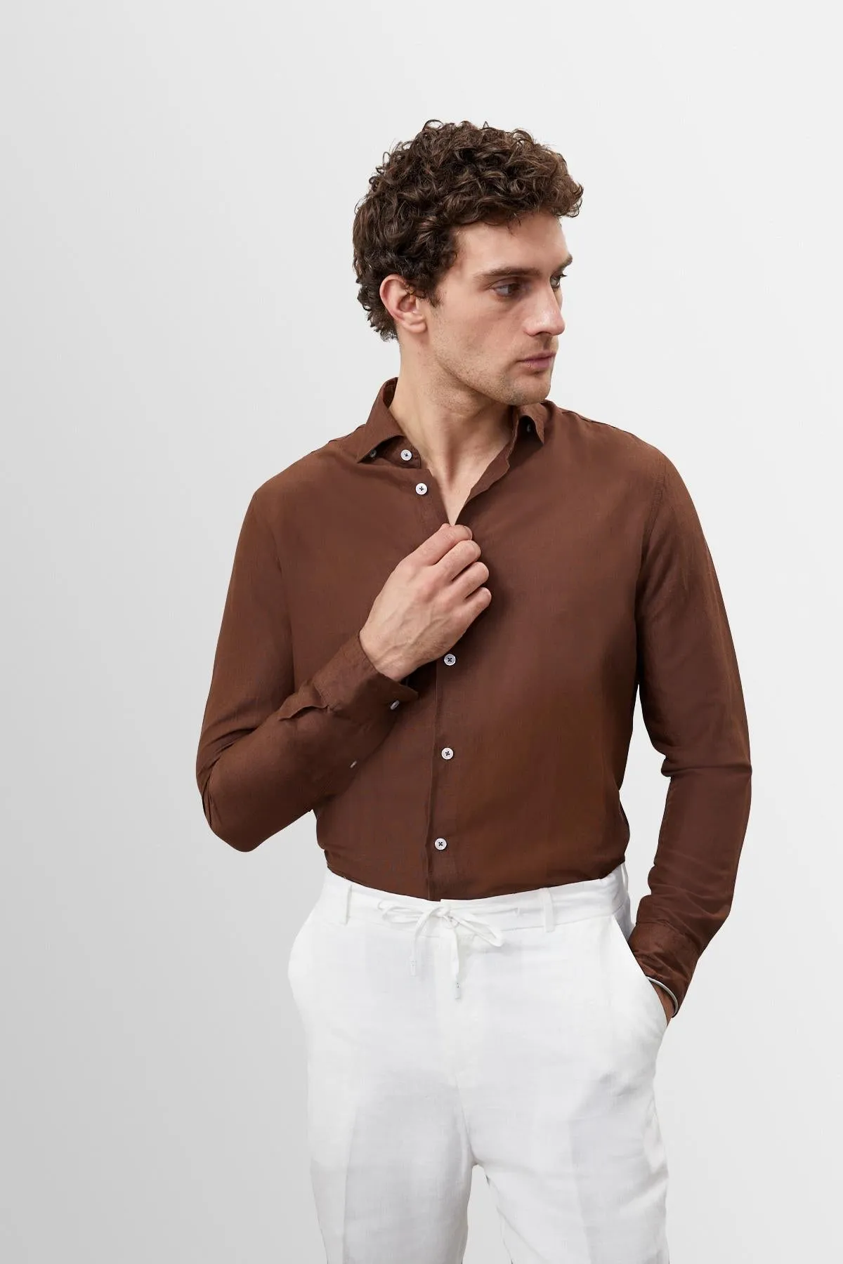 Men's Brown Collar Button Detailed 100% Linen Shirt - Wessi sold by Wessi product image thumbnail 5