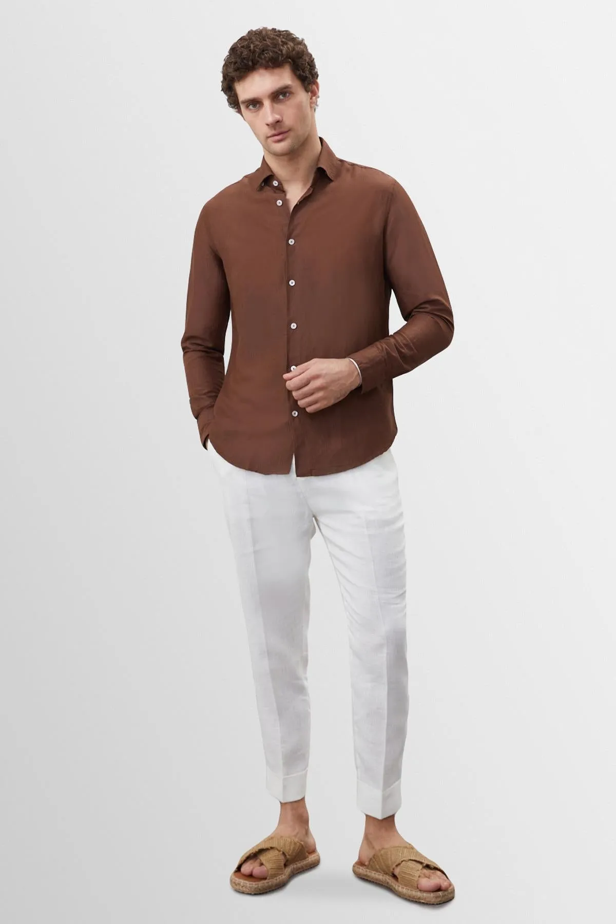 Men's Brown Collar Button Detailed 100% Linen Shirt - Wessi sold by Wessi product image thumbnail 3