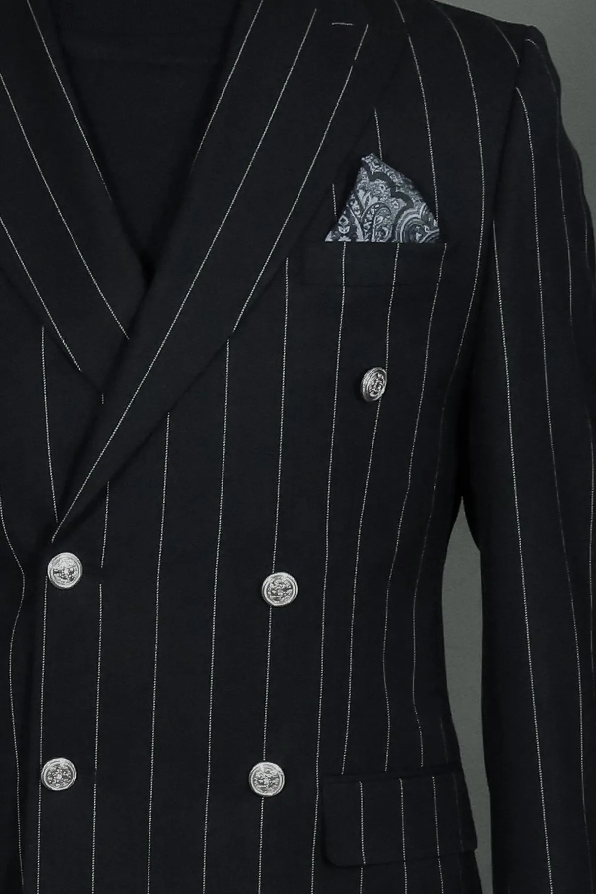 Pinstripe Double Breasted Men’s Black Suit with Silver Button Details - Wessi sold by Wessi product image thumbnail 2