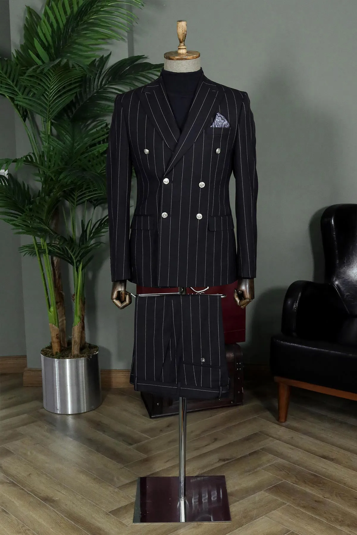 Pinstripe Double Breasted Men’s Black Suit with Silver Button Details - Wessi sold by Wessi