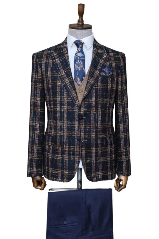Navy Blue Plaid Jacket, Beige Vest, White Shirt, and Navy Blue Trousers Combo - Wessi Modern Classic Look sold by Wessi