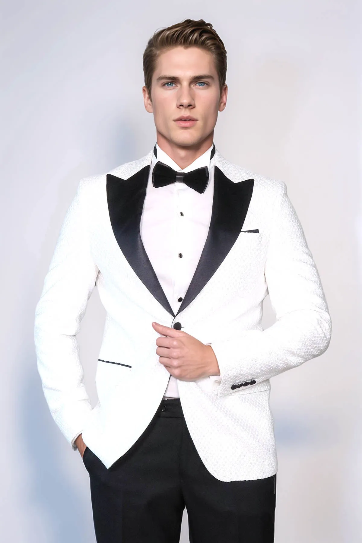 Satin Shawl Lapel Textured Men's White Tuxedo Jacket - Wessi sold by Wessi