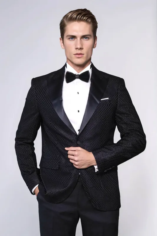 Satin Shawl Lapel Textured Men's Royal Black Tuxedo Jacket - Wessi sold by Wessi