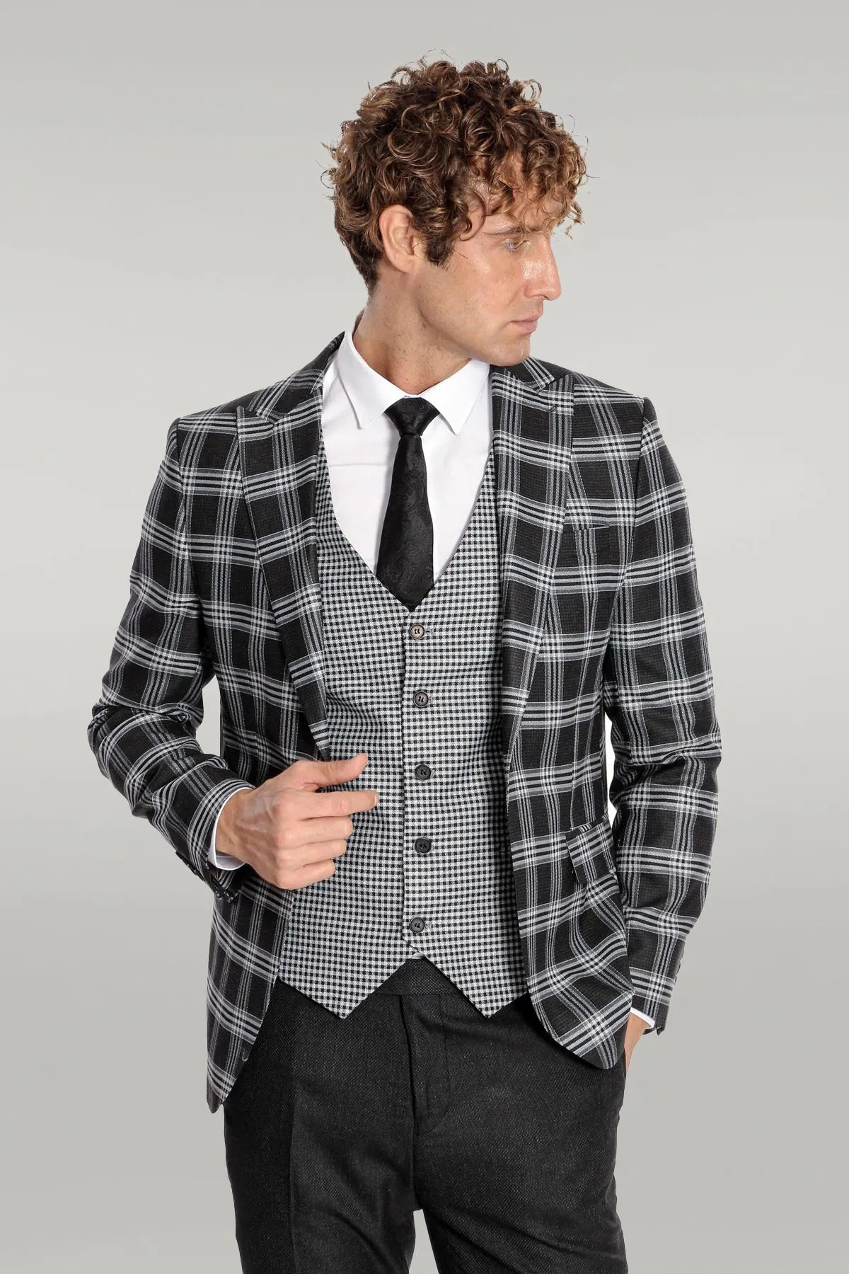 Black Plaid Patterned Vest Suit, White Shirt, and Black Tie Combination - Prestigious Business Style - Wessi sold by Wessi product image thumbnail 3