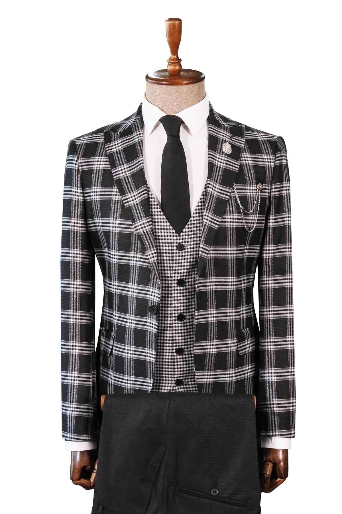 Black Plaid Patterned Vest Suit, White Shirt, and Black Tie Combination - Prestigious Business Style - Wessi sold by Wessi