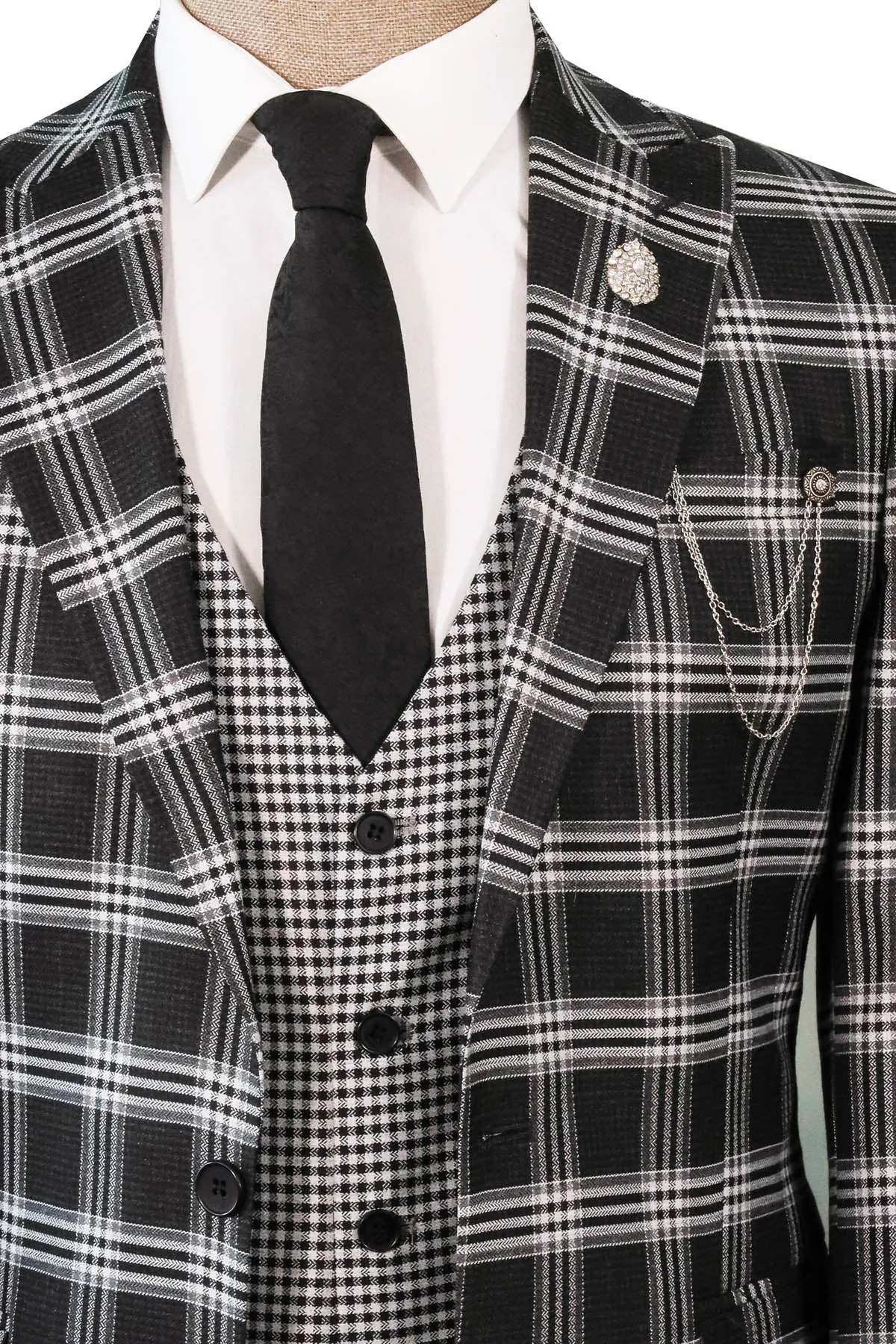 Black Plaid Patterned Vest Suit, White Shirt, and Black Tie Combination - Prestigious Business Style - Wessi sold by Wessi product image thumbnail 2