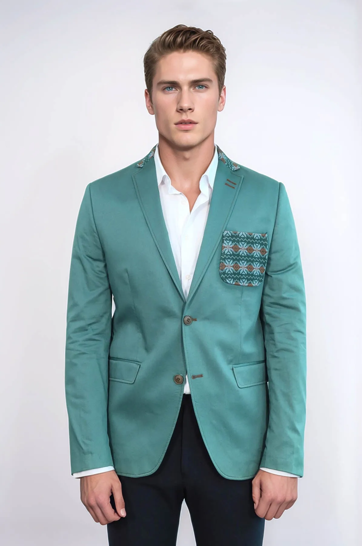 Double Buttons Knit Collar Mono Lapel Green Jacket-Wessi sold by Wessi product image thumbnail 2