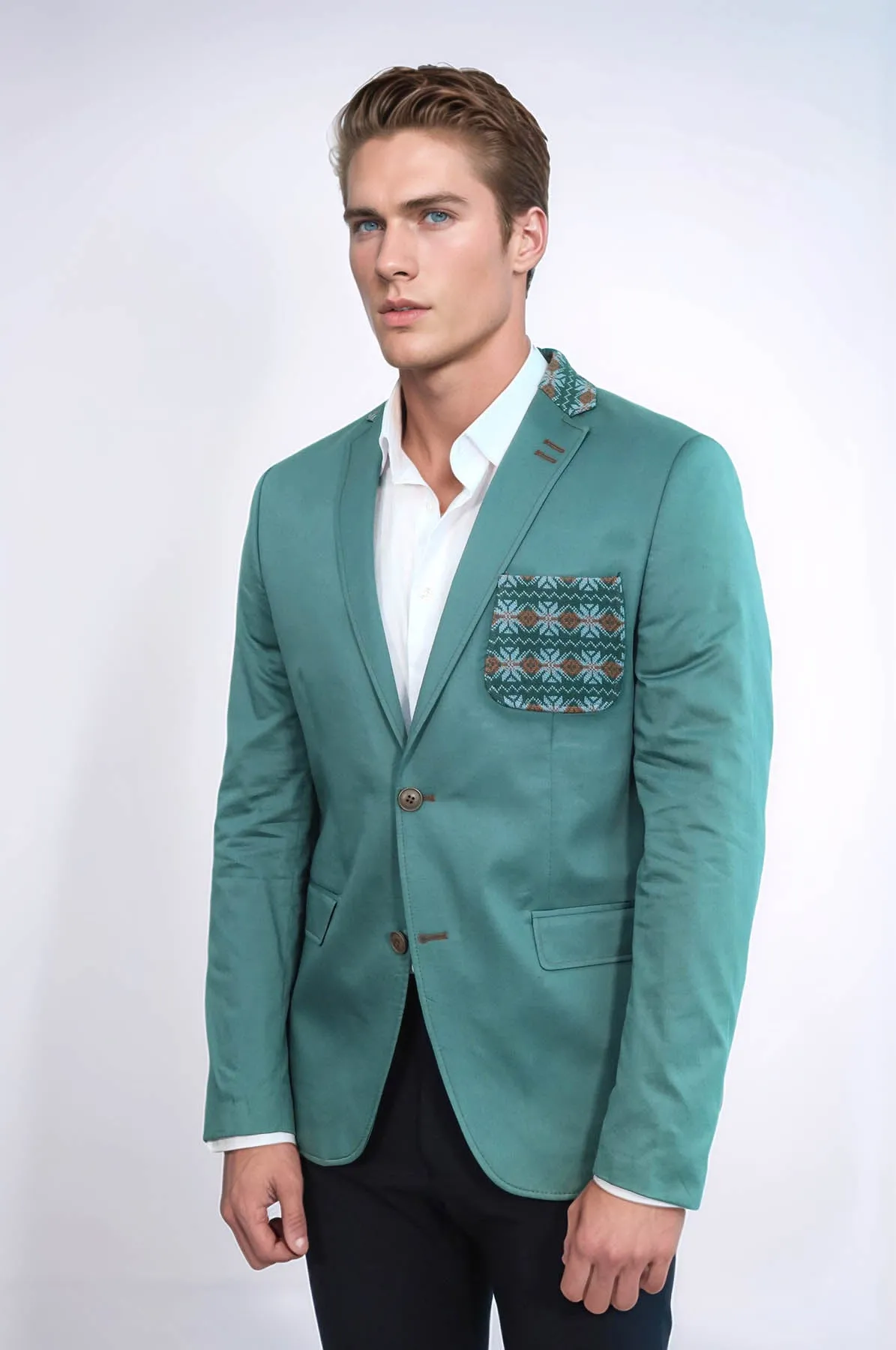 Double Buttons Knit Collar Mono Lapel Green Jacket-Wessi sold by Wessi product image thumbnail 3