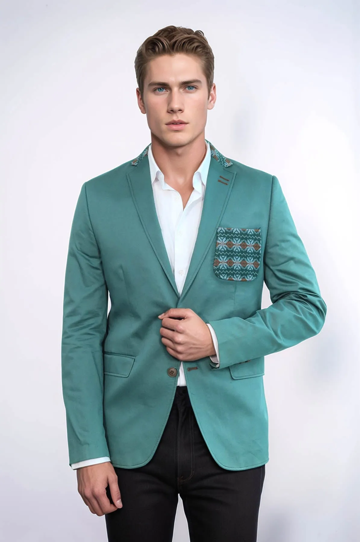Double Buttons Knit Collar Mono Lapel Green Jacket-Wessi sold by Wessi product image thumbnail 4