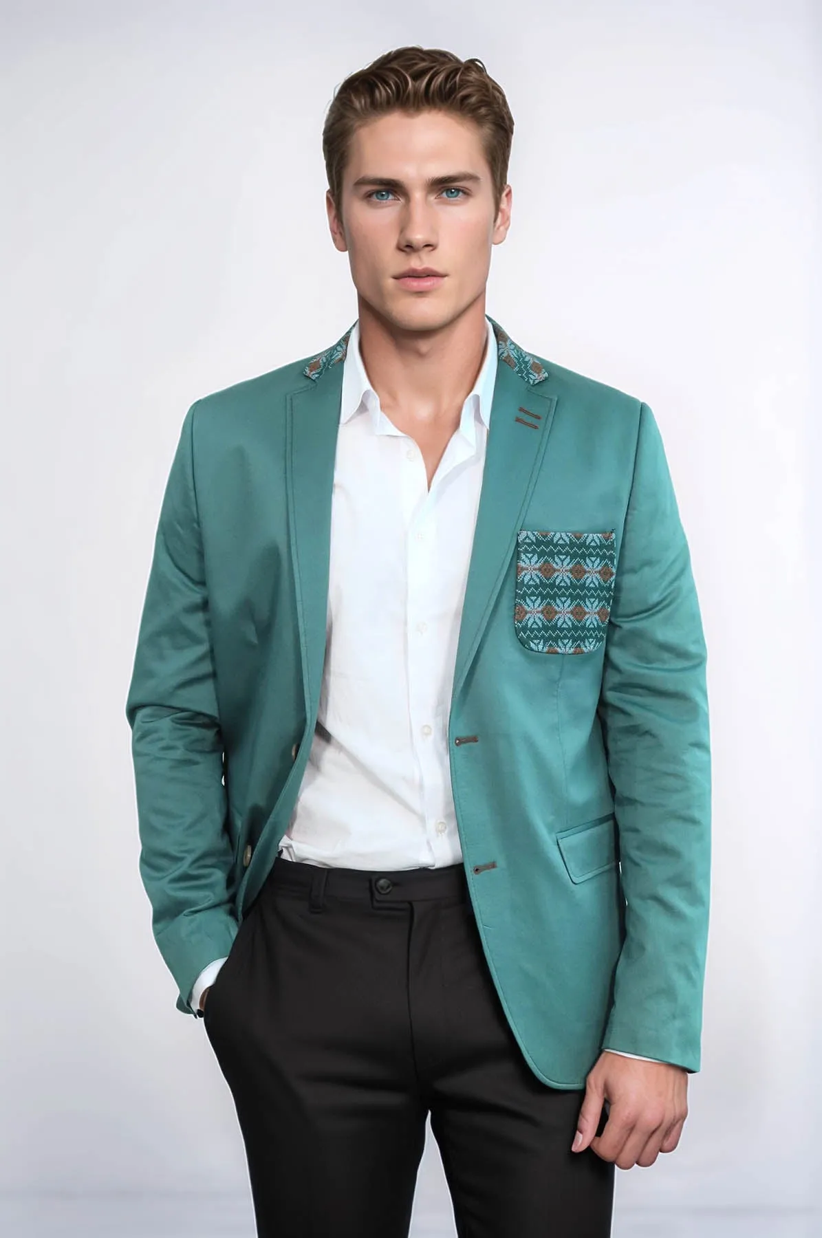 Double Buttons Knit Collar Mono Lapel Green Jacket-Wessi sold by Wessi