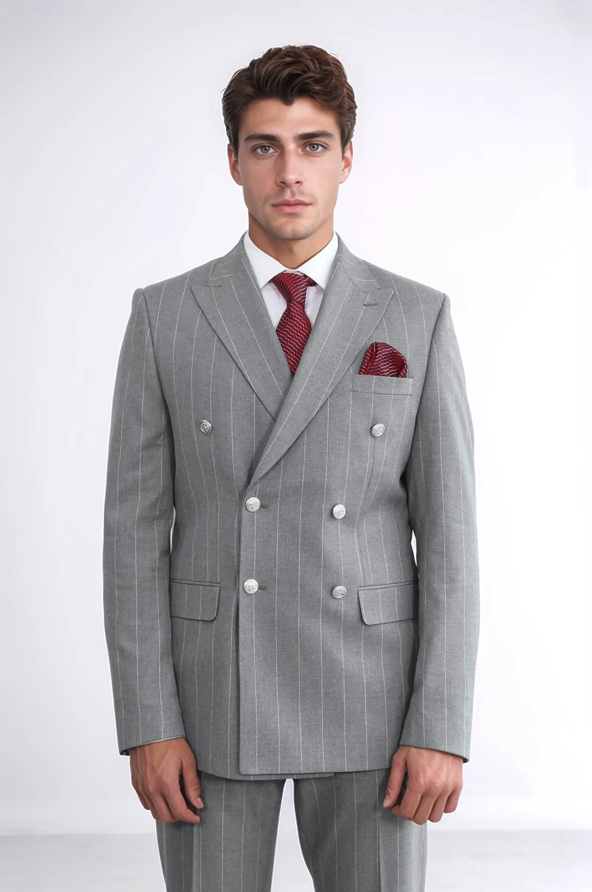 Pinstripe Double Breasted Men’s Grey Suit with Silver Button Details - Wessi sold by Wessi product image thumbnail 2
