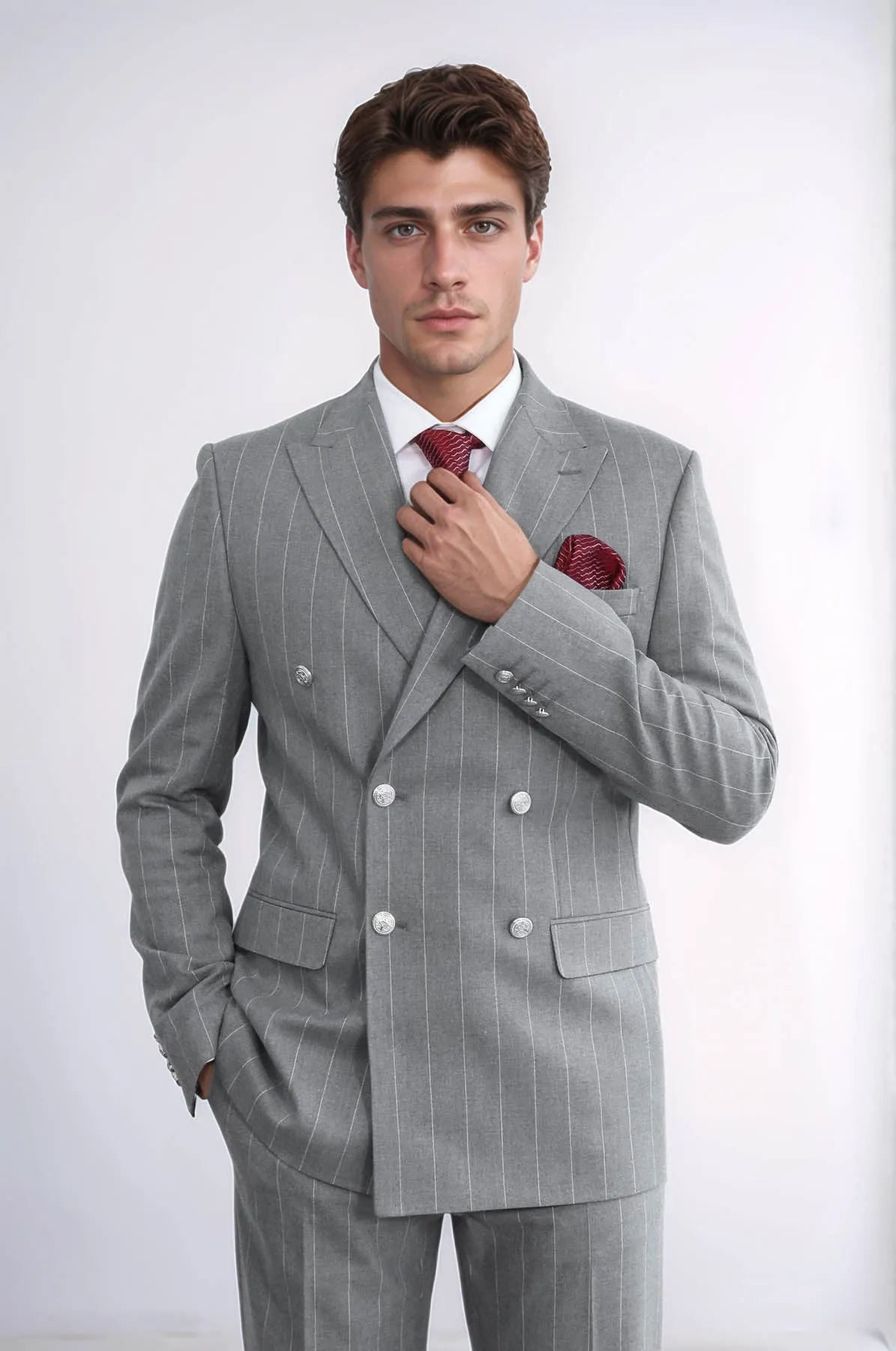 Pinstripe Double Breasted Men’s Grey Suit with Silver Button Details - Wessi sold by Wessi product image thumbnail 5