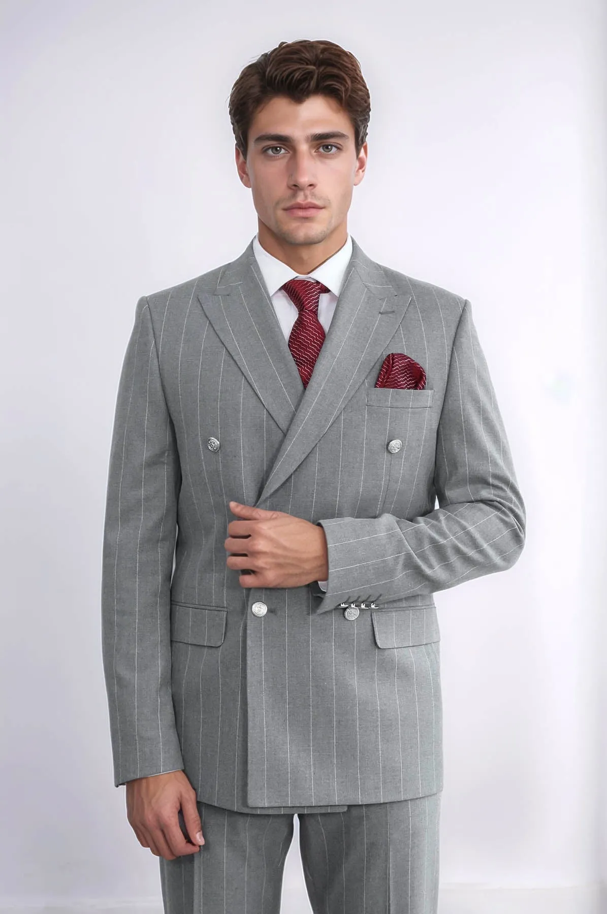 Pinstripe Double Breasted Men’s Grey Suit with Silver Button Details - Wessi sold by Wessi product image thumbnail 3