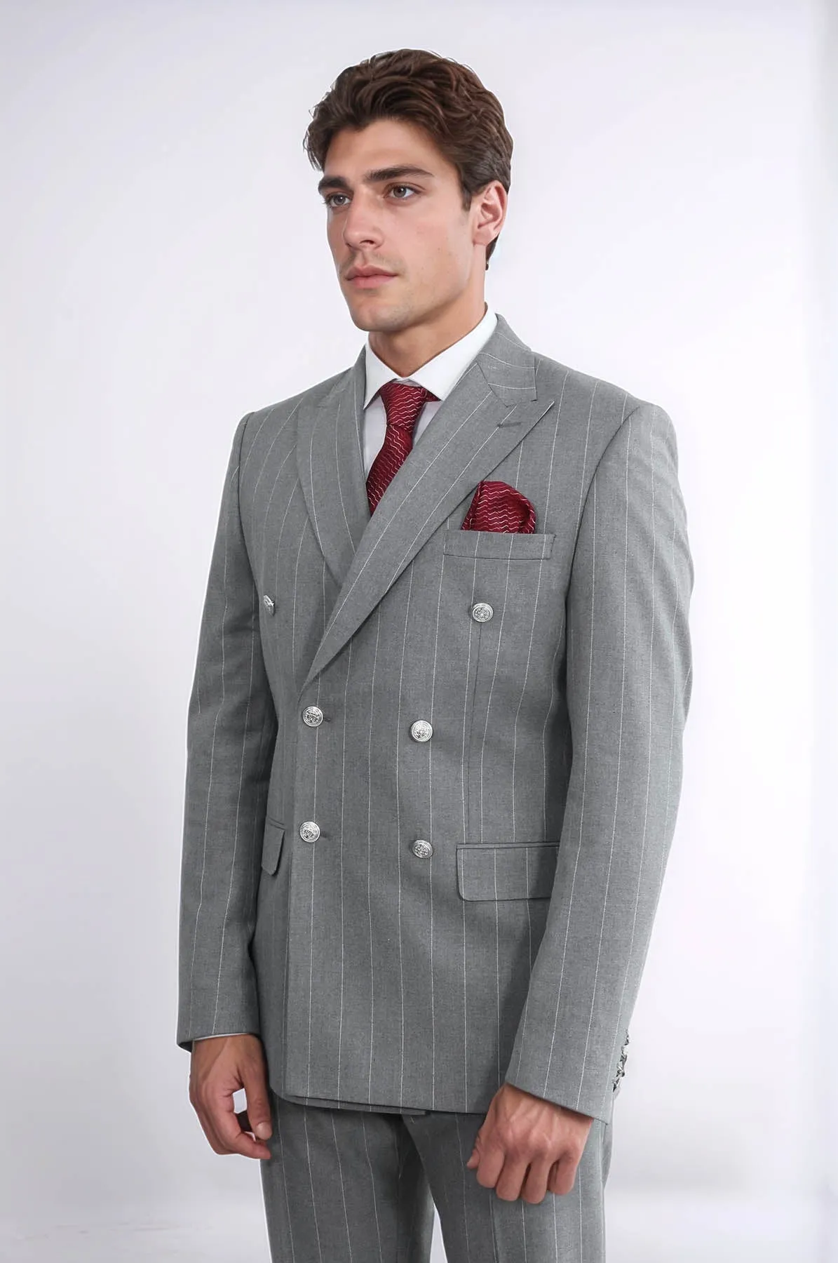 Pinstripe Double Breasted Men’s Grey Suit with Silver Button Details - Wessi sold by Wessi product image thumbnail 4