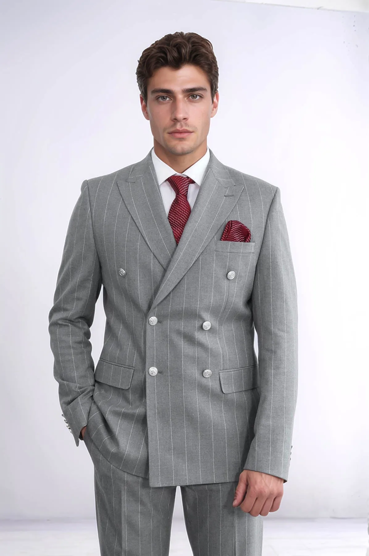 Pinstripe Double Breasted Men’s Grey Suit with Silver Button Details - Wessi sold by Wessi