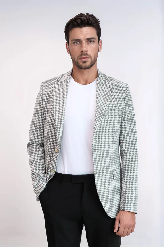 Light Grey Houndstooth Pattern Gold Metal Button Slim Fit Men's Blazer Jacket - Wessi sold by Wessi