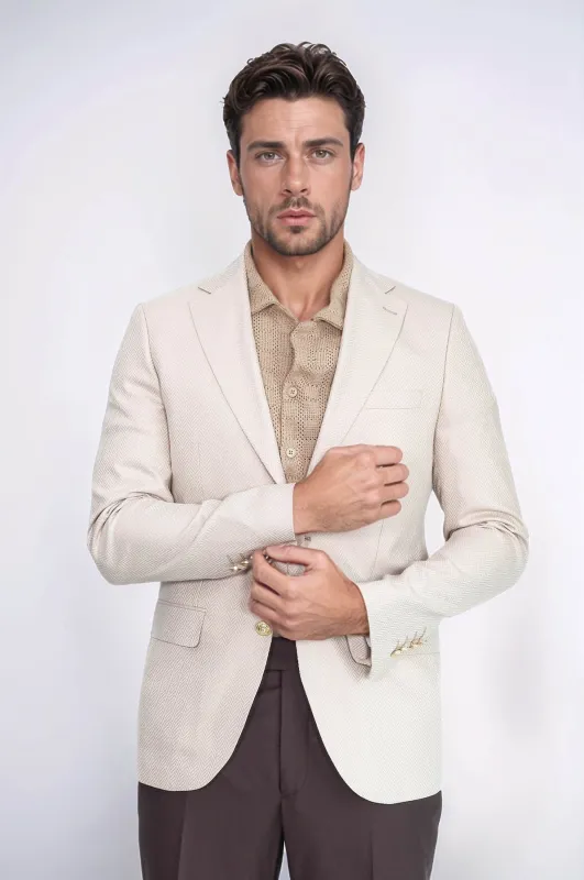 Beige Herringbone Pattern Gold MetalButton Slim Fit Men's Blazer Jacket - Wessi sold by Wessi