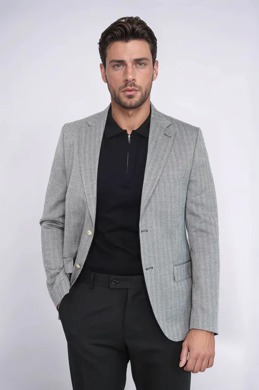 Black Herringbone Pattern Gold Metal Button Slim Fit Men's Blazer Jacket - Wessi sold by Wessi