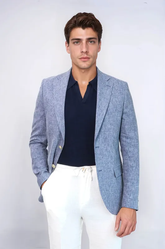 Dark Blue Textured Linen-Feel Gold Metal Button Slim Fit Men's Blazer Jacket - Wessi sold by Wessi