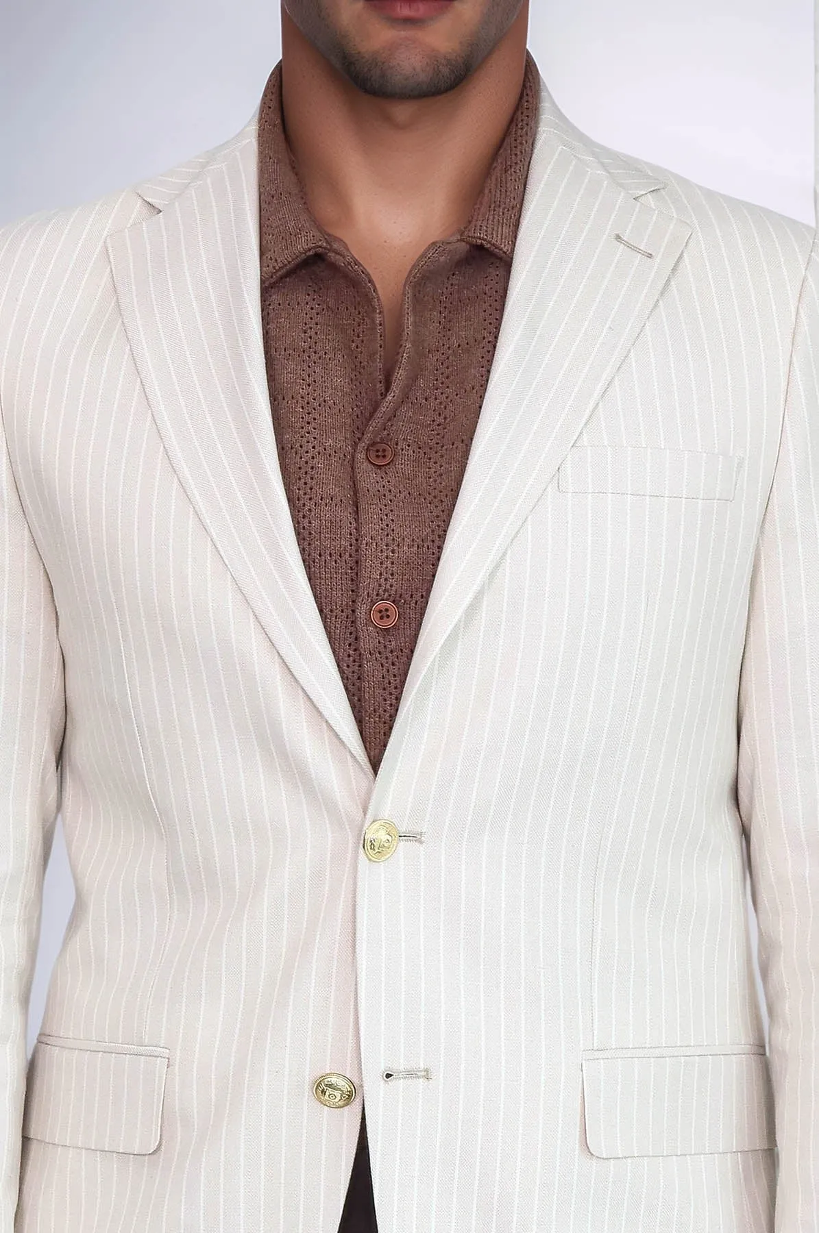 Cream Striped Linen Gold Metal Button Slim Fit Men's Blazer Jacket - Wessi sold by Wessi product image thumbnail 2