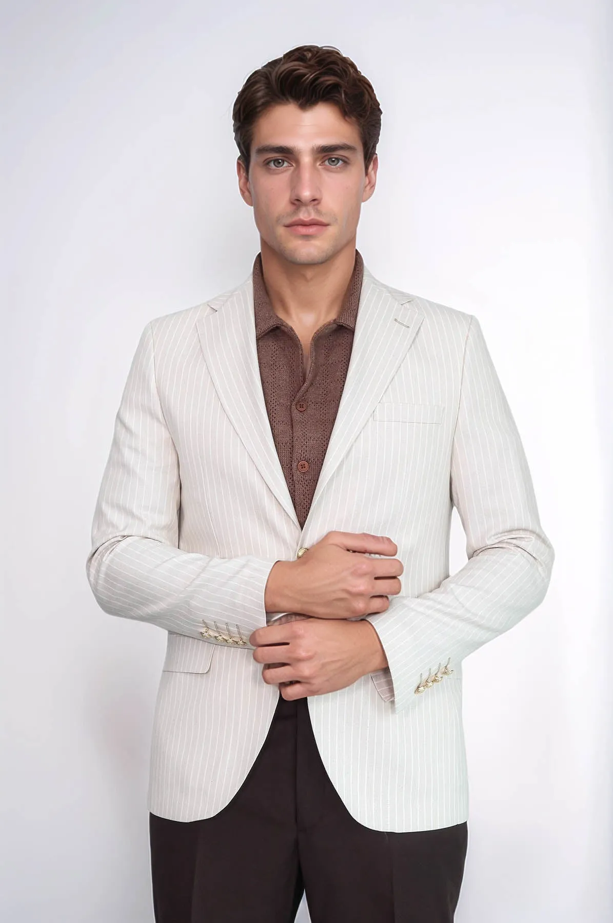 Cream Striped Linen Gold Metal Button Slim Fit Men's Blazer Jacket - Wessi sold by Wessi product image thumbnail 4