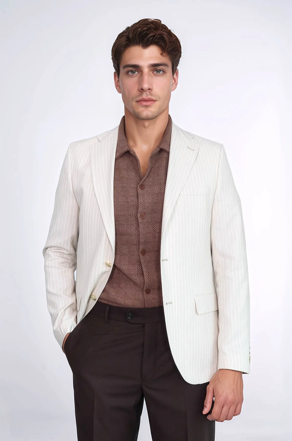 Cream Striped Linen Gold Metal Button Slim Fit Men's Blazer Jacket - Wessi sold by Wessi