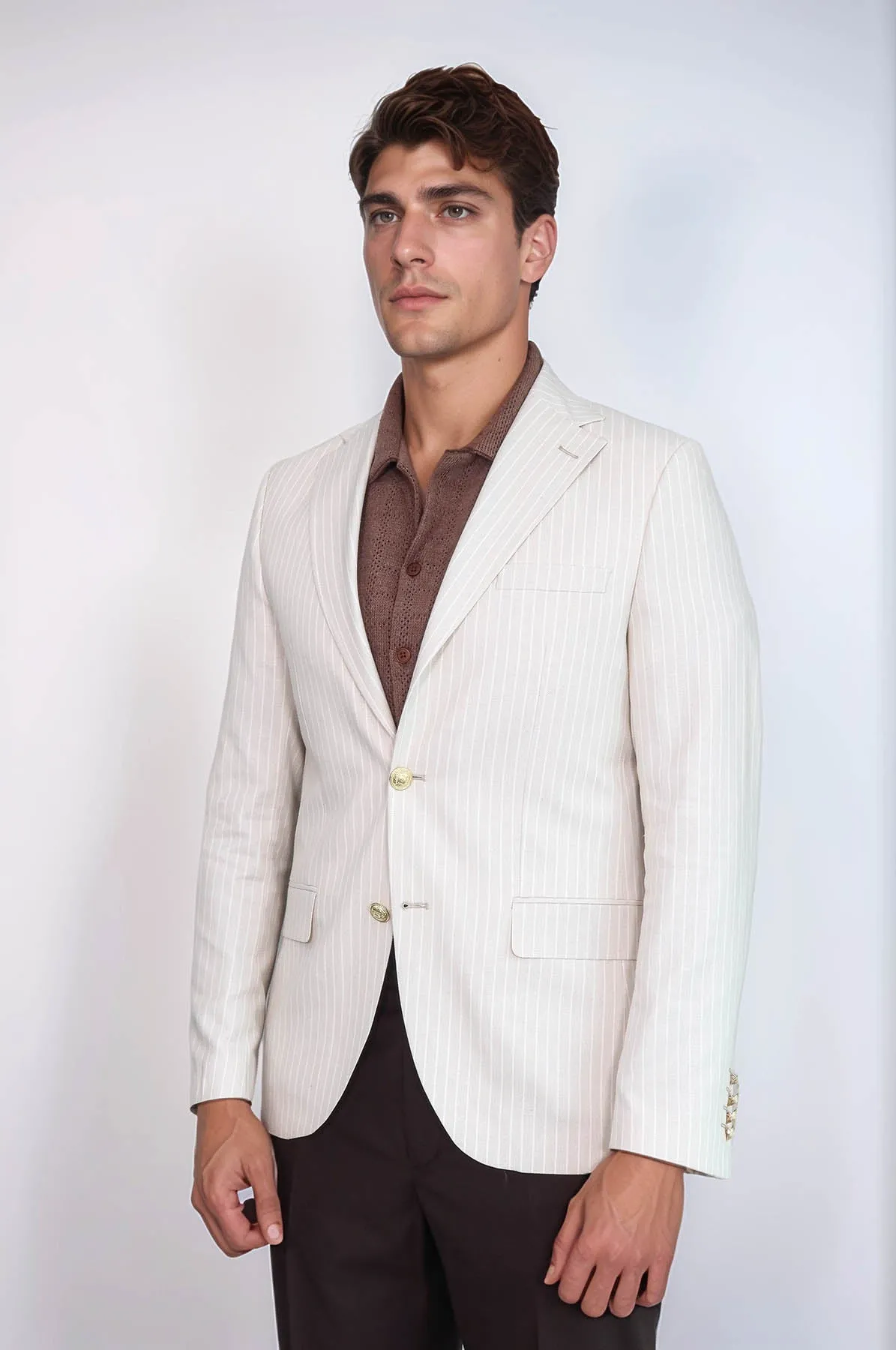Cream Striped Linen Gold Metal Button Slim Fit Men's Blazer Jacket - Wessi sold by Wessi product image thumbnail 5