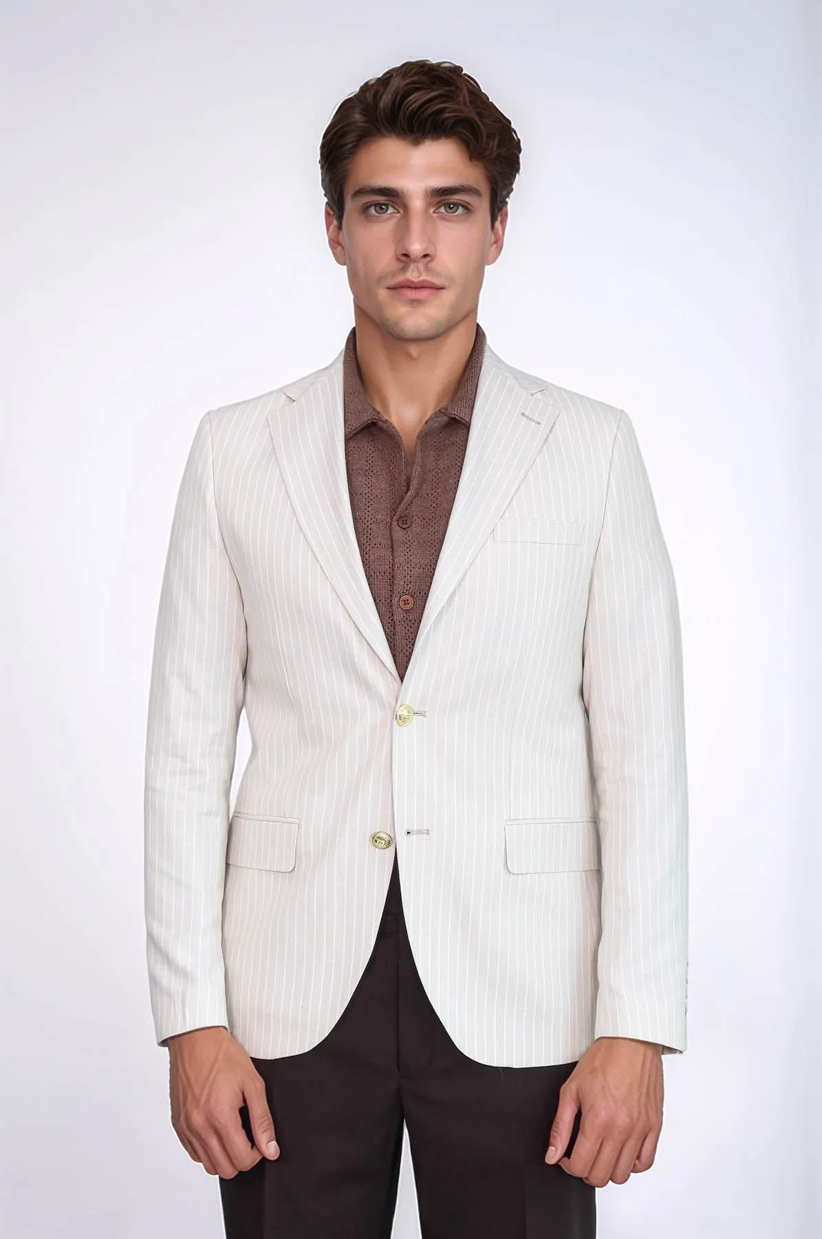 Cream Striped Linen Gold Metal Button Slim Fit Men's Blazer Jacket - Wessi sold by Wessi product image thumbnail 3
