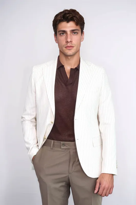 Ecru Striped Linen Gold Metal Button Slim Fit Men's Blazer Jacket - Wessi sold by Wessi