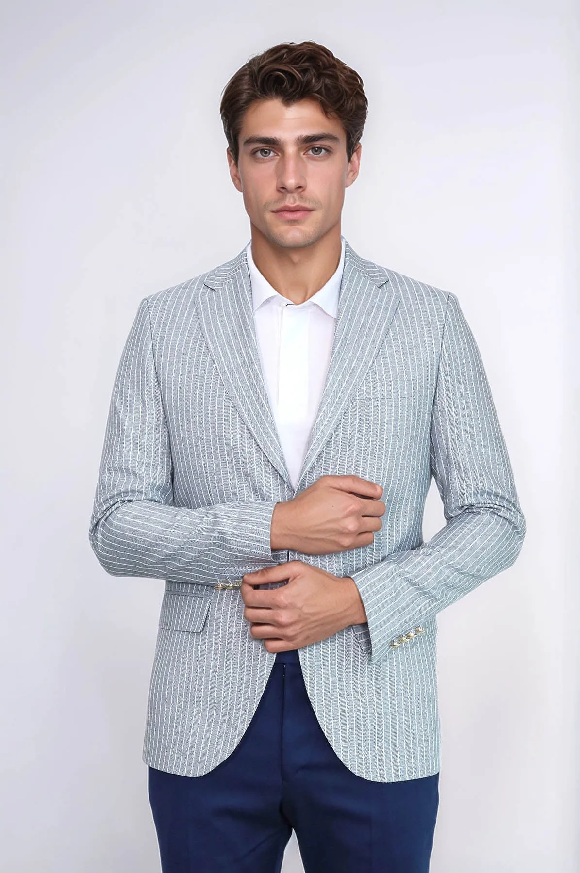 Light Blue Striped Linen Gold Metal Button Slim Fit Men's Blazer Jacket - Wessi sold by Wessi product image thumbnail 5