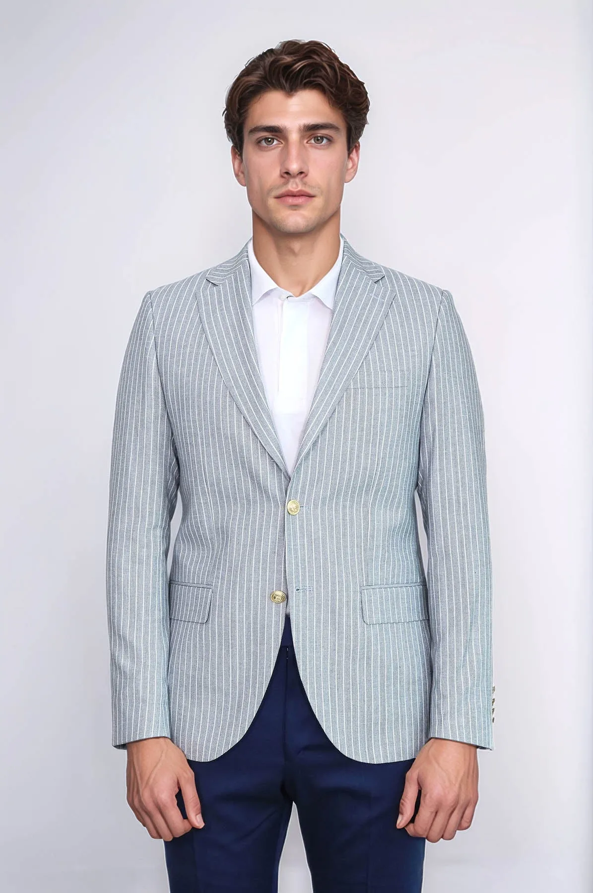 Light Blue Striped Linen Gold Metal Button Slim Fit Men's Blazer Jacket - Wessi sold by Wessi product image thumbnail 3